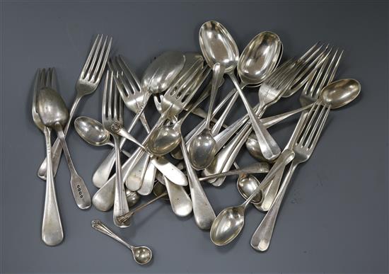 A George V part set of silver Hanovarian rat-tail pattern flatware (22 items) and eight other items of silver flatware, 42.5 oz.